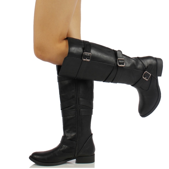 size 6 Black Strappy Knee High Low Heel Riding Boo - Picture 5 of 5